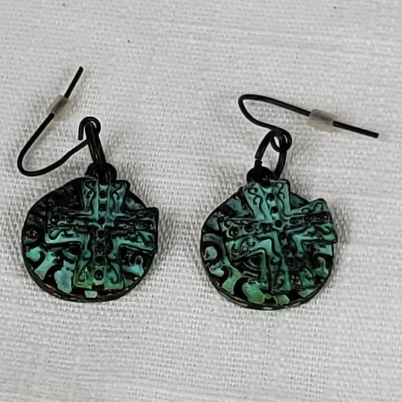 Greek Medallion Green Patina Antique Bronze Cross/Coin Dangle Earrings - Picture 1 of 6